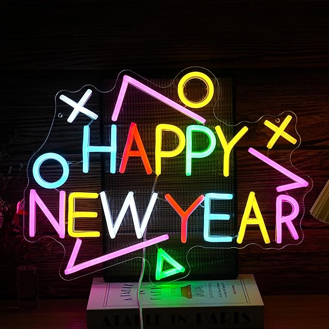 Happy New Year Neon Sign Exquisite And Beautiful New Year LED Light Up Sign for Decor Dimmable USB Powered New Year Neon Light Sign for New Year Celebrate Party Home Room Business Wall Decor (16.5*12.6 In Multicolored)