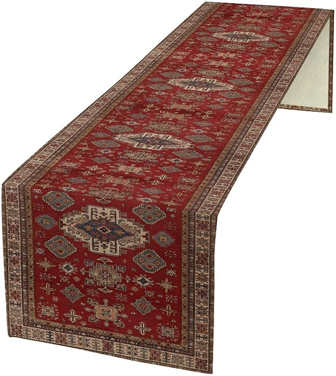 Boho Floral Vintage Table Runner, Retro Red Brown Flower Rustic Country Farmhouse Abstract Pattern for Home Kitchen Table Decor Dining Coffee Room Party Decor 13x108in