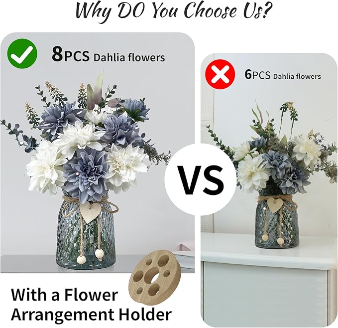 Fake Flowers in Vase,8 Dahlias,Silk Artificial Flowers in Vase,Centerpiece Table Decorations,Faux Flowers in Vase with a Flower Arrangement Holder