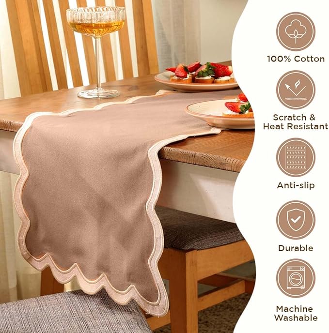 Folkulture Table Runners | Fall Table Runner 90 inches Long | Scallop Table Runner for Fall Decor or Boho Decor | Brown Table Runners for Dining Room | Thanksgiving Decorations for Home