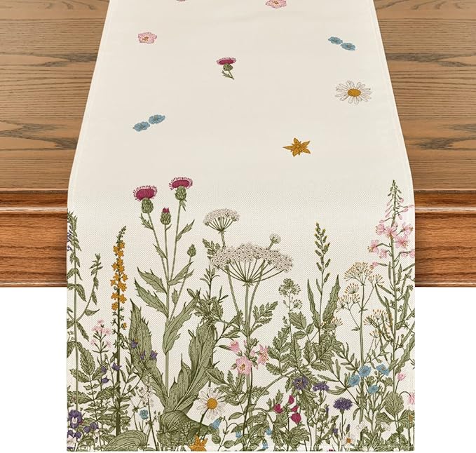 Artoid Mode Antique Herbs and Wild Flowers Summer Table Runner, Spring Fall Kitchen Dining Table Decoration for Home Party 13x108 Inch