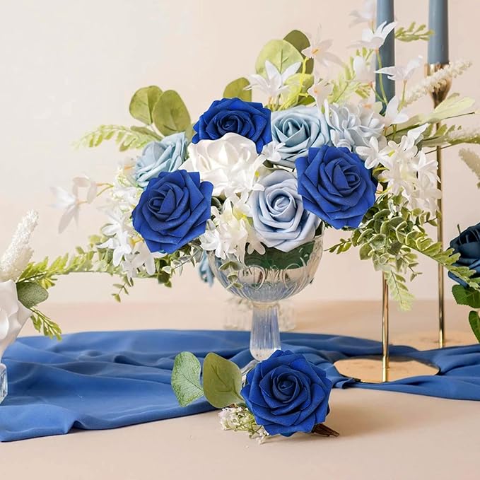 N&T NIETING Artificial Flowers Roses 25Pcs Fake Flowers Foam Roses with Stems for Halloween DIY Wedding Bridesmaid Bridal Bouquets Centerpieces Party Home Decoration Baby Shower, Navy Blue