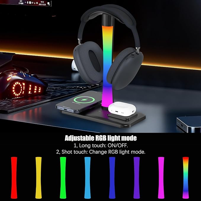 Headphone Stand with Wireless Charger,Gaming HeadsetStand with RGB Light Mode,AirpodMaxStand Compatible with Airpod Pro/3/2,iPhone 16/15/14/13/12/11,Samsung,Gifts for Gamers and Music Lover