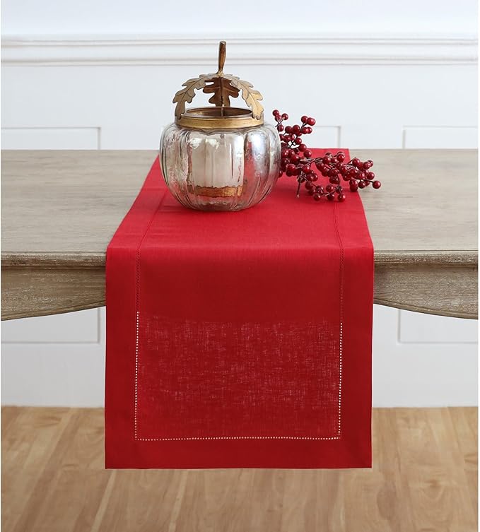 Solino Home Linen Red Table Runner 108 Inches Long - 100% Pure Linen 14 x 108 Inch Table Runner for Christmas, Holiday - Classic Hemstitch