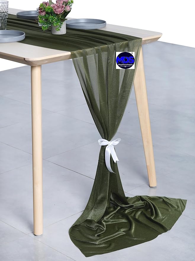 MDS Halloween Chiffon Table Runner - 5 Pack, 29 x 170 Inches, 14ft Each - Sheer Spooky Table Runners for Haunted House Parties, Trick-or-Treat Tables, Witchy Décor, Wedding & Events - Olive Green