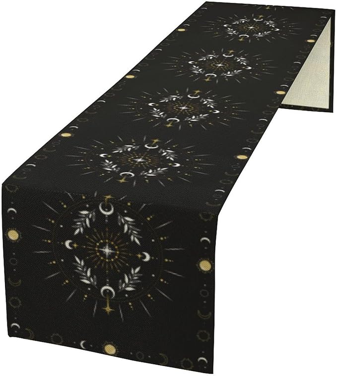 Sun Moon Table Runner - Magical Leaves Mysterious Western Traditional Elements Black White Table Runner for Party Living Room Home Kitchen Dinner - 13x70 Inch