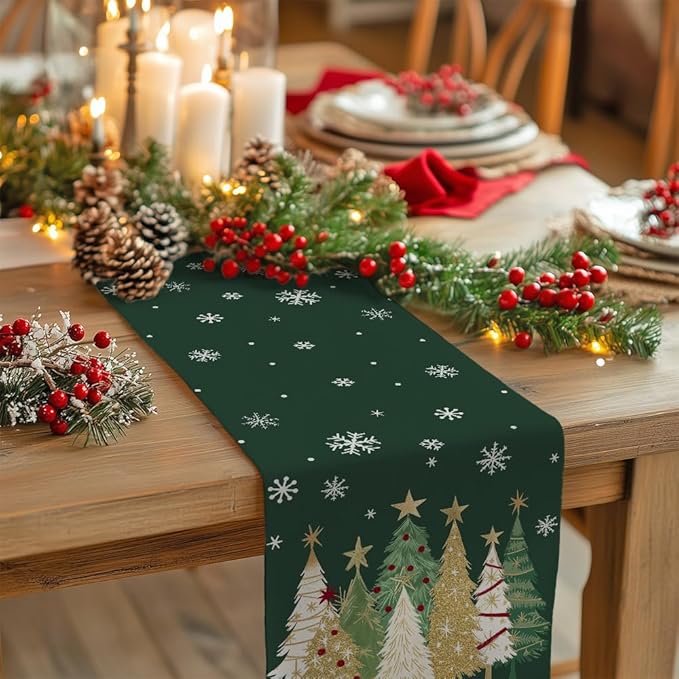 GEEORY Christmas Table Runner 13x60 Inch, Xmas Trees Snowflakes Holiday Decorative Farmhouse Table Decoration for Kitchen Dinning, Indoor Outdoor Dinner Party Decor (Green) GT152-60