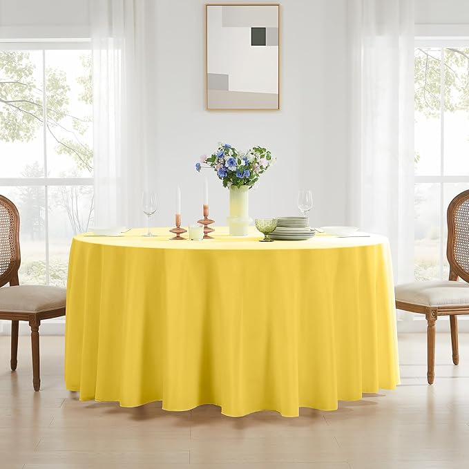 Round Tablecloth 120 Inch 2 Pack Yellow Tablecloths Washable Decorative Linen Polyester Table Clothes Cover for Dining Table Banquets Buffet Parties and Wedding