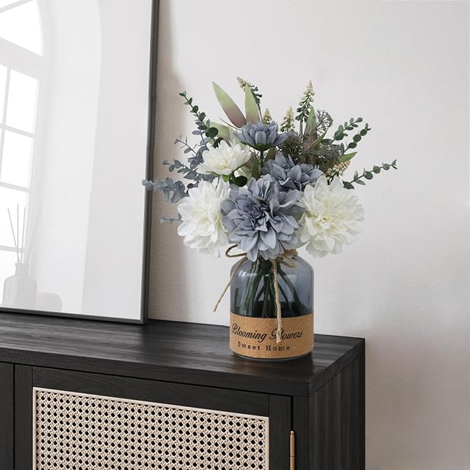 Fake Flowers with Vase,Silk Artificial Flowers in Vase,Fake Plants and Faux Flower Arrangement for Centerpiece Kitchen Table Decorations,Home Decor