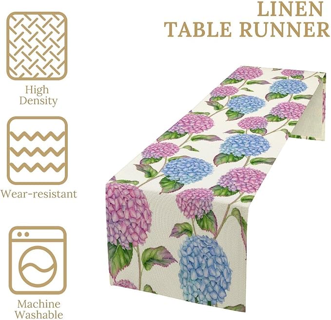 Spring Hydrangea Flower Table Runner, Seasonal Summer Plants Watercolor Pink Purple Florals Dinner Runner for Home Kitchen Dining Table Party Holiday Decoration 13"x90"
