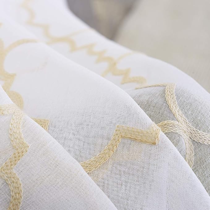 Sheer Curtains Beige 63 Inches, Rod Pocket Voile Drapes for Living room, Bedroom, Embroidered Moroccan Tile Lattice Design Window Semi Crinkle Curtain Panels for Yard, Parlor, Set of 2, 52"x 63".