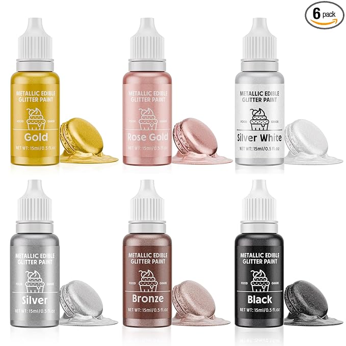 Edible Glitter Paint Set- 6 Color Food Coloring Metallic Glitter Paint for Baking, Cake Decorating - Food Grade Art Decorative Cake Paint for Cupcakes, Cookies, Fondant, Donuts, Macaron, Candy (metal, 6 color)