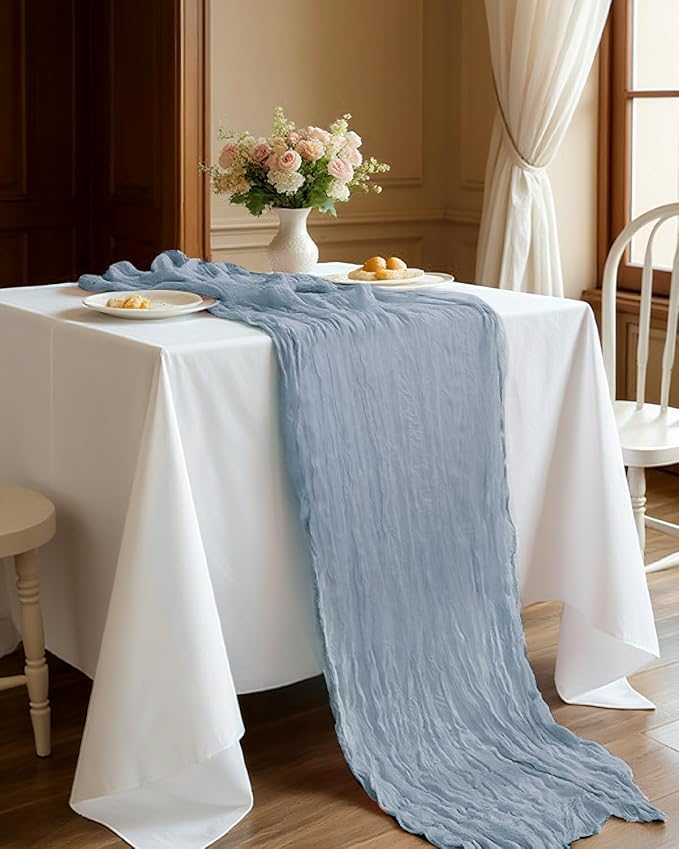 Dusty Blue Cheesecloth Table Runner 120 Inch, Summer Boho Gauze 10 FT, Rustic Cheese Cloth Table Runner for Wedding, Baby Bridal Shower, Party, Farmhouse Centerpiece Home Decorations