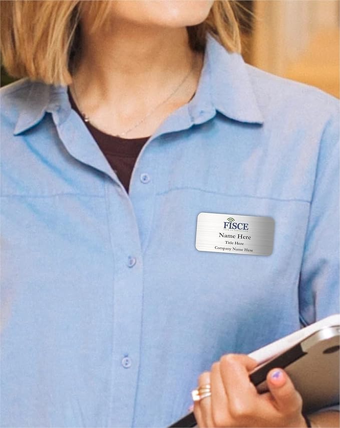 Custom Name Tag with Logo - Personalized Name Badge with Magnet Backing - Choose Your Size and Color (Silver Metal 3"x1.5" - Logo on Top)
