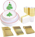 Supernal 350pcs Christmas Plastic Dinnerware Set,Christmas Plastic Plates,Gold Plastic Silverware,Gold Plastic Cups,Plastic Plates with Christmas Tree Design Suit for 50 Guests Perfect for Christmas