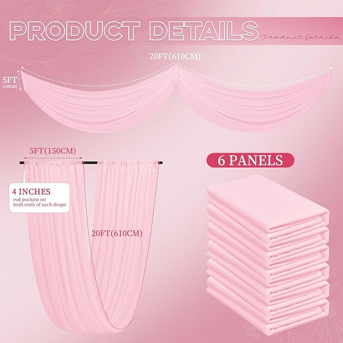 6 Panels Pink Ceiling Drapes for Wedding 5ftx20ft Ceiling Drapes Wedding Arch Draping Fabric Cheesecloth Sheer Curtain Romantic Ceiling Decorations for Weddings Party Banquet Ceremony Stage