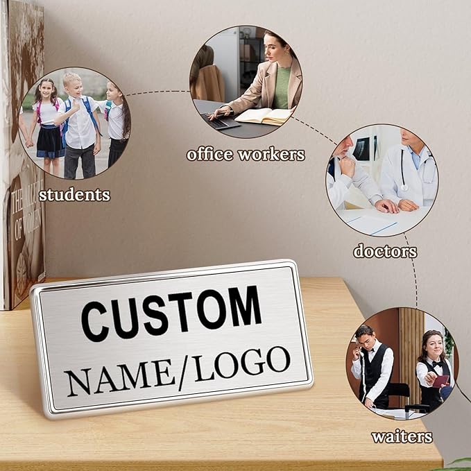 Custom Name Tags ID Badges with Logo Name Personalized Name Badges Name Tag ID Badges with Pin Backing Customizable Name Tags for Business Offices Stores Restaurant, 1.5x2.8 in, 100PCS