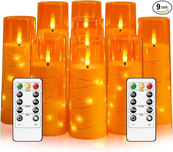 Flameless LED Candles with Timer 9 Pc Flickering Flameless Candles for Romantic Ambiance and Home Decoration Stable Acrylic Shell,with Embedded Star String，Battery Operated Candles（Orange）