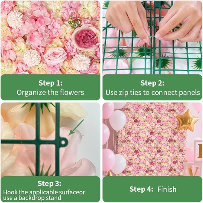 Artificial 3D Flower Wall Panel for Backdrop 12 Pcs 24x16 inches Pink Faux Roses Artificial Flower Backdrop for Wedding Party Bridal Baby Shower Decor