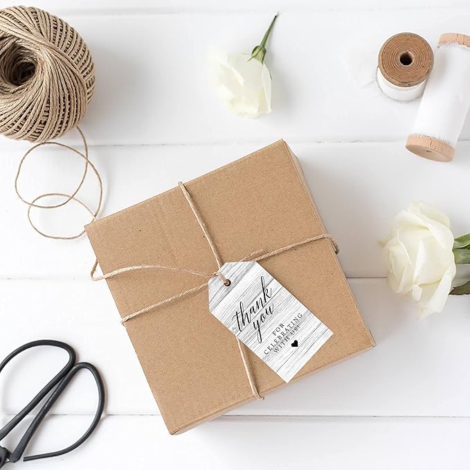 Andaz Press 100-Pack Thank You for Celebrating with Us Favor Tags Gray Rustic Wood Cardstock Gift Tags with Bakers Twine for Wedding Baby Shower Bridal Shower Birthday Party Favors 2 x 3.75-Inches
