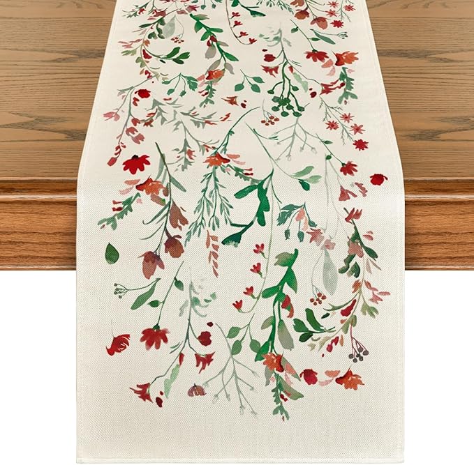 Artoid Mode Floral Leaves Christmas Table Runner, Wild Flowers and Grasses Winter Kitchen Dining Table Decoration for Home Party Decor 13x90 Inch
