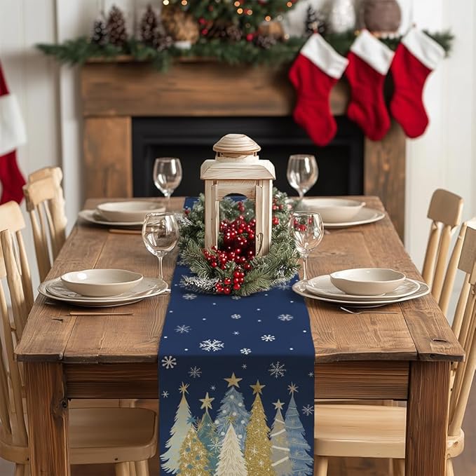 GEEORY Christmas Table Runner 13x60 Inch, Xmas Trees Snowflakes Holiday Decorative Farmhouse Table Decoration for Kitchen Dinning, Indoor Outdoor Dinner Party Decor (Blue) GT151-60