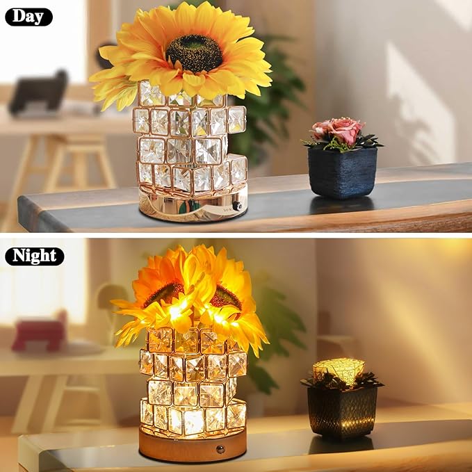 Birthday Gifts for Women/Mom Sunflower Cordless Table Lamp,3 Color Crystal Lamps Touch Bedside Lamps Infinitely Dimming with USB Charge Small Night Light,Nightstand Lamp for Bedroom (Square)