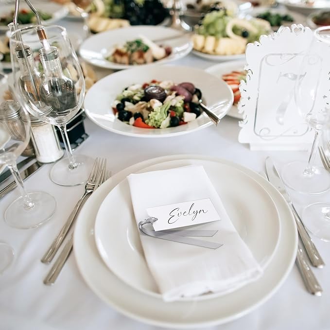 50 Pcs Name Place Cards for Table Setting Blank Wedding Place Cards with Satin Ribbon 1.57 x 3.54 Inch Hanging Gift Tags for Wedding Dinner Banquet Party Table Setting Supplies (Silver)