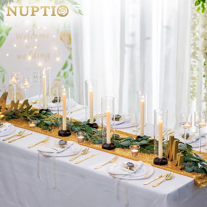 NUPTIO Hurricane Glass Candle Holders: 2 Pcs Black Candlestick Tapers Holder with 11.81 inch Tall Clear Cylinder Cover Metal Candle Sticks Stand for Wedding Christmas Thanksgiving Halloween Decor