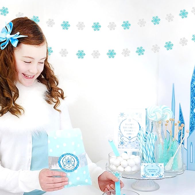 Snowflake-Snow Teal-Silver Christmas Party-Decoration Garland - 52ft Turquoise Winter Wonderland Frozen Ornaments Hanging Paper Streamers,New Years Birthday Baby Shower Wedding Ceiling Decor Hugfond