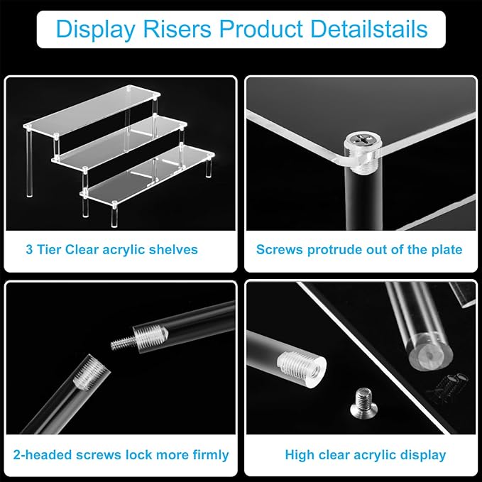 2PCS Large Acrylic Display Risers, Perfume Stand Organizer, Clear Acrylic Shelf Risers for Display Stands for Food, Tabletop Use, Amiibo Funko POP Figure, 3 Tier Clear Cupcake Stand Risers