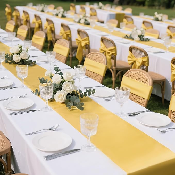 SHEJIZE 10 Pack Light Gold Satin Table Runner 12x108 Inches Long, Bright Silky Smooth Satin Table Runner Table Decor for Wedding Banquet Christmas Prom Event Birthday Party