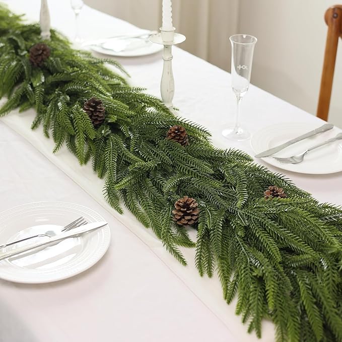 16FT Christmas Norfolk Pine Garland -1PCS, Artificial Pine Needles Garlands Faux Greenery Fake Garland for Holiday Fireplace,Table,Window,Stairs,Mante,Indoor Outdoor Decor