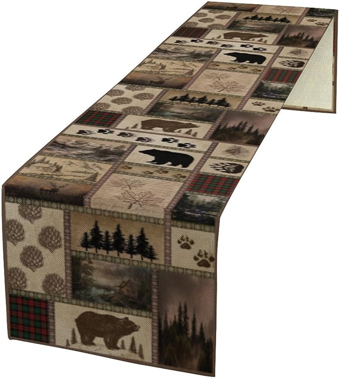 Retro Rusticd Cabin Table Runner Bear Country Farmhouse Vintage Lodge Table Runner for Party Dinner Festival Bedroom Living Room Kitchen 13x36 Inch