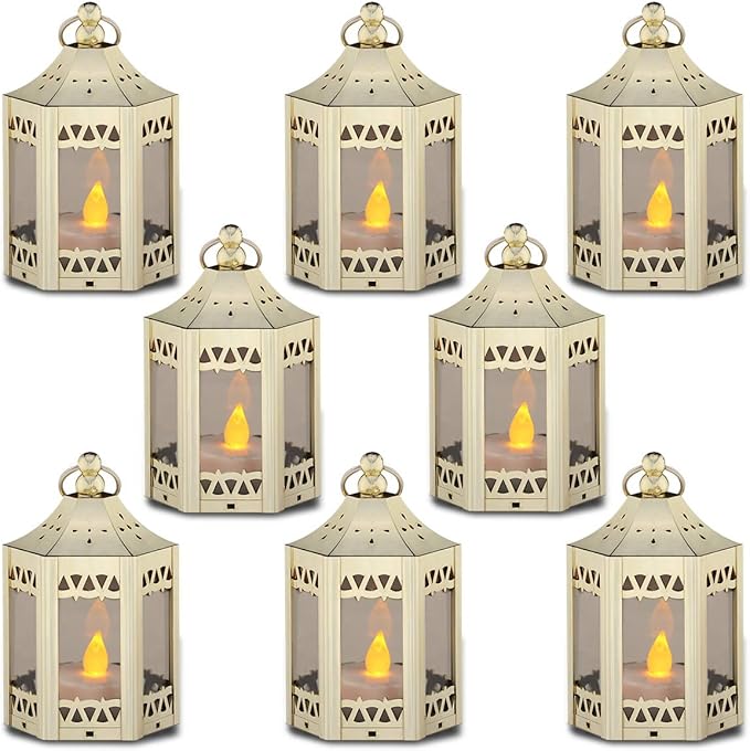 zkee Mini Star Lanterns with Flickering LED, Battery Included, Decorative Hanging Lanterns for Christmas and Indoor Use (Set of 8, Golden)