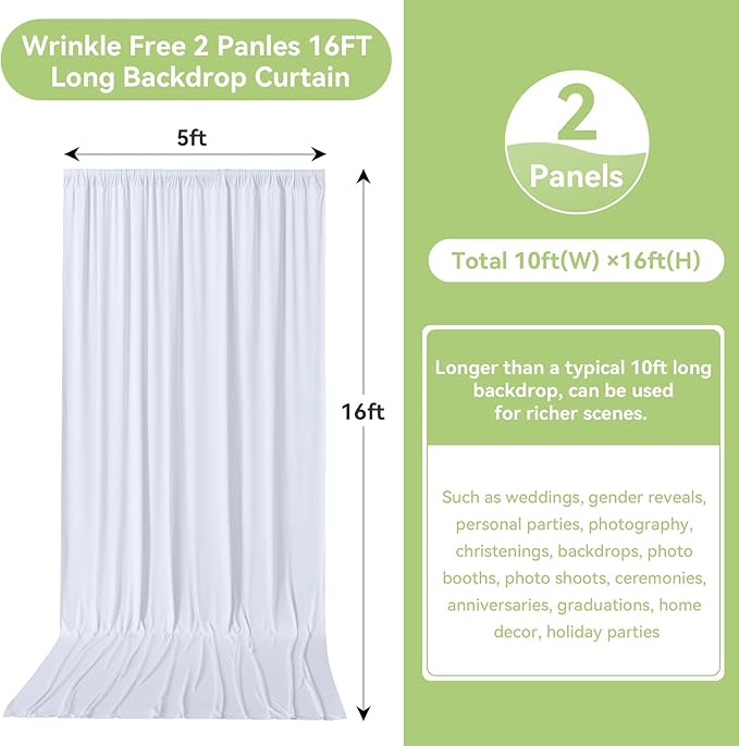 10ftx16FT Wrinkle Free White Backdrop Curtain, 2 Panels 16FT Height White Wedding Backdrop Drapes, Silky Polyester Back Drop Cloth for Birthday Photography Background Party Backdrop Draping