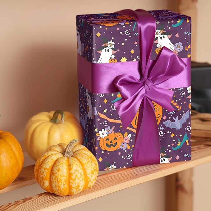 LeZakaa Purple Halloween Wrapping Paper Roll, Cute Trick-or-Treat Ghosts Pumpkins Witch Hats Gift Wrap for Kids Teens Adults, Halloween Decor, Party Favors, Mini Roll 17 in x 16.4 Ft