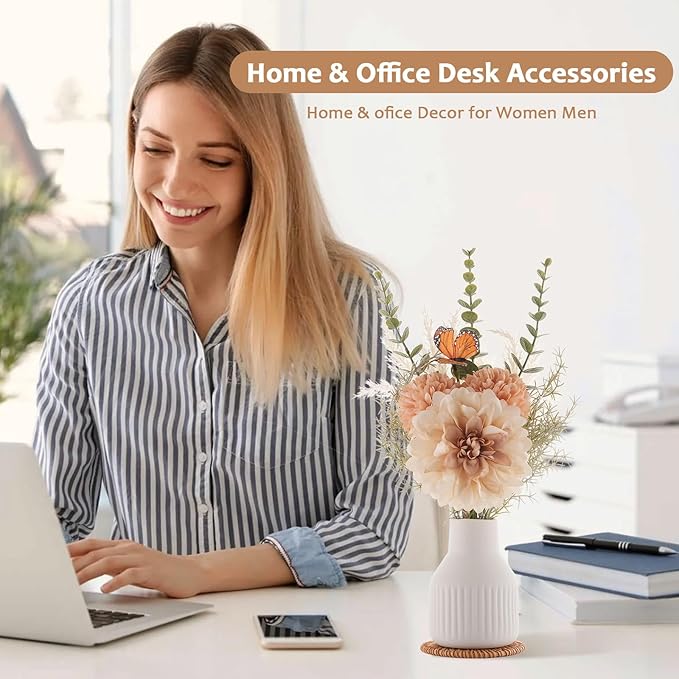 Small Fake Flowers in Vase 14" Centerpiece Table Decorations Silk Flowers Arrangements Ceramic Vase Dahlia Chrysanthemum Artificial Flowers Bouquet for Bathroom Dining Room Kitchen Wedding (White)