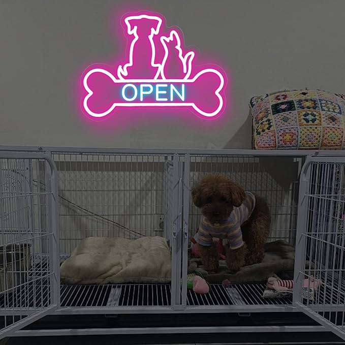 Pet Shop Open Neon Sign LED Dog And Cat Open Sign Bright Pet Grooming Salon Light Animal Shelter Storefront Decor Vet Clinic Window Sign, Pink+Ice Blue, 16.5"x12.4"