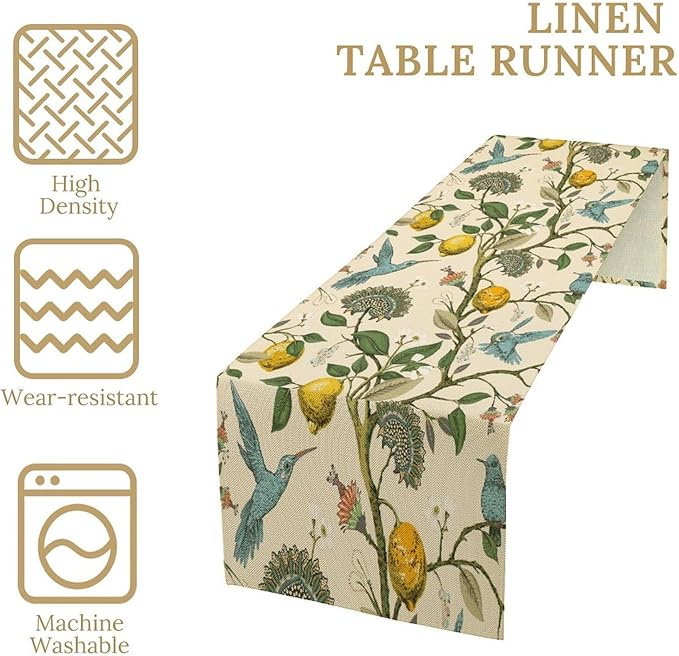 Table Runner with Flowers and Birds, Spring Plant Flowers Table Decoration Linen Table Runner Family Party Party Decorations 13x108 Inches