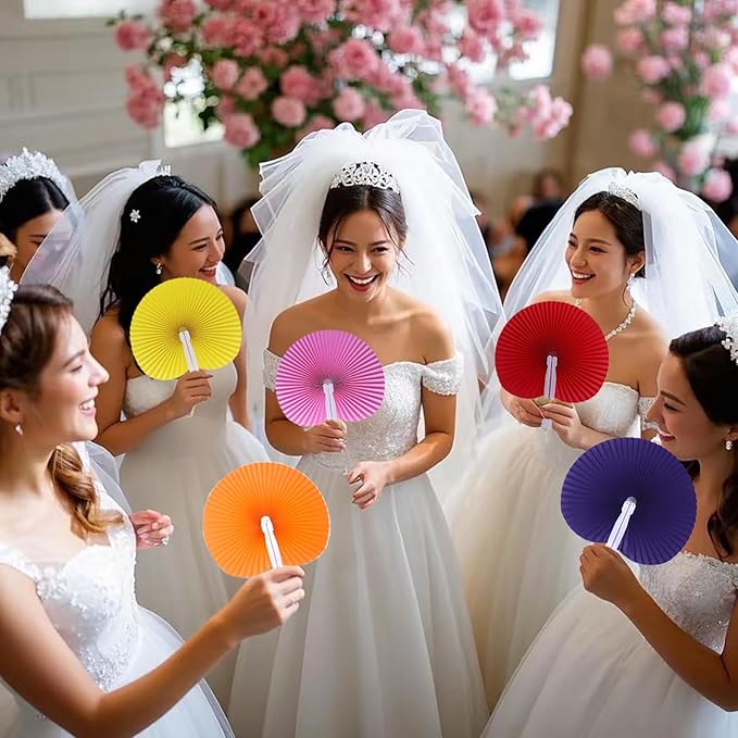 12 Packs Decorative Paper Folding Hand Fans Handheld,Pink Round Foldable Wedding Fans Chinese and Japanese Fans Bulk for Bridal Guest Church Party Favors Dancing Birthday DIY