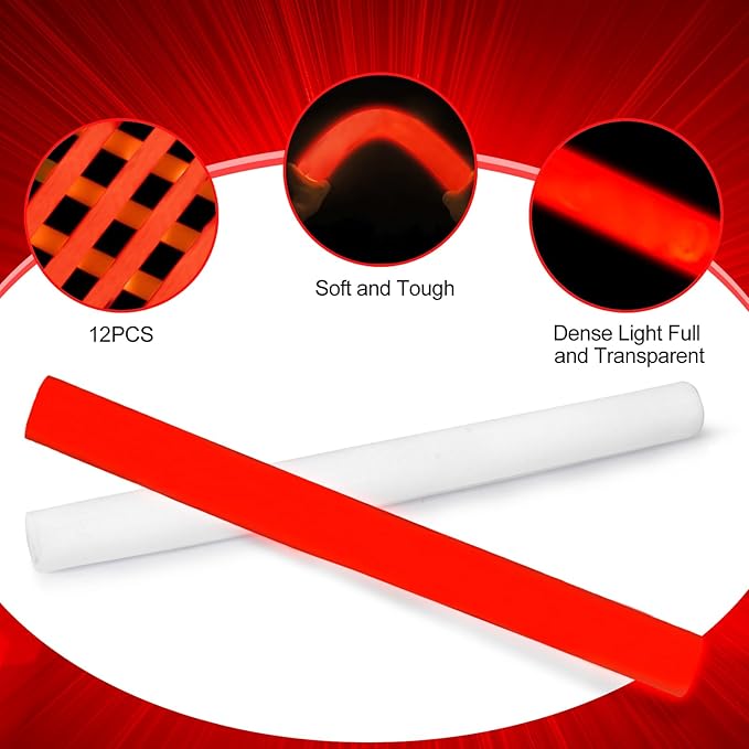 Glow Foam Sticks Bulk, 24 Pcs Red Giant LED Light Up Sticks 3 Modes Flashing Glowing Baton Wands Party Supplies for Wedding, Raves,Concert,Birthday,Christmas, Halloween,Sporting Events