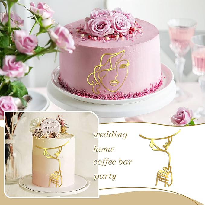 Kigley 22 Pcs Minimalist Art Lady Face Cake Topper Butterflies Cake Decoration Acrylic Wedding Birthday Boho Cake Toppers for Women Bridal Shower Party Supplies (Gold)