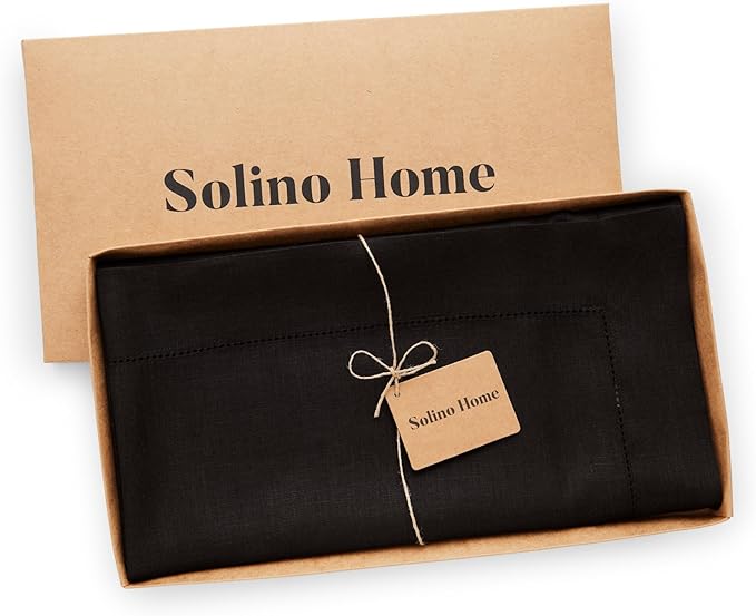 Solino Home Black Linen Tablecloth 52 x 52 Inch - 100% Pure Linen Square Table Throw - Classic Hemstitch, Machine Washable Table Cloth for Fall, Autumn, Halloween, Thanksgiving, Holiday