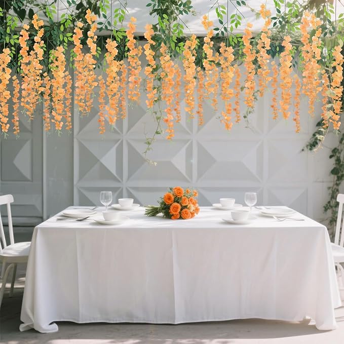 12 Pack Wisteria Hanging Artificial Fall Flowers Fake Flowers Ratta Hanging Garland Silk Flowers String for Home Garden Party Wedding Backdrop Arch Decor (Orange)