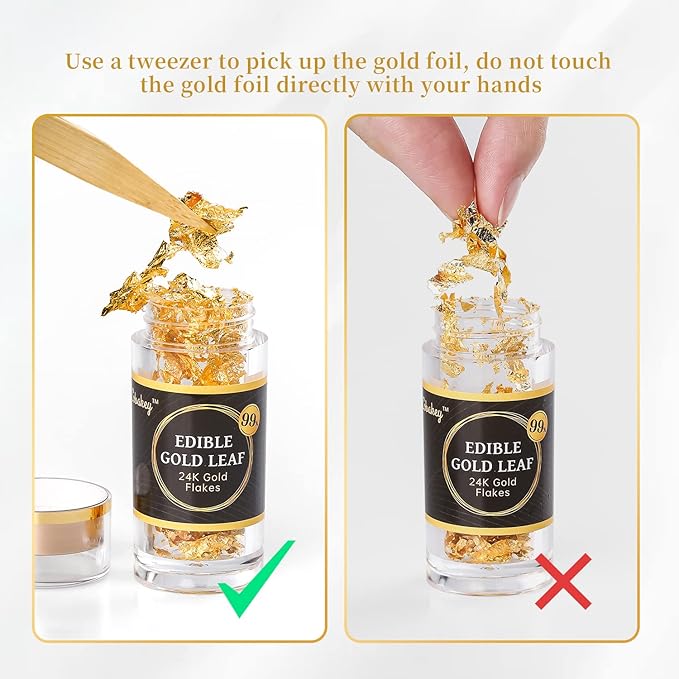 Cobakey Genuine Edible Gold Leaf Flakes - 50mg Edible Gold Flakes for Cake Decoration (Cupcake, Chocolate, Steak, Drink & Cooking), PureGold Leaf with Edible Glitter & Wooden Tweezers