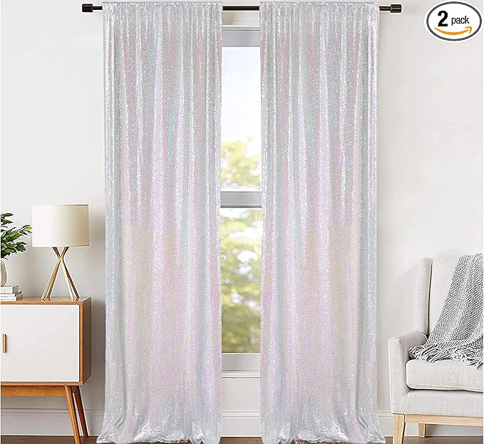 JYFLZQ White Iridescent Sequin Backdrop Curtains 2ft x 8ft 2 Panel Glitter Photo Booth Backdrops Sparkly Photography Background Drapes for Parties Wedding Bridal Showers