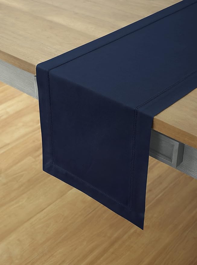 Solino Home Navy Blue Table Runner 90 Inches Long - Cotton Linen Hemstitch 14 x 90 Inch Table Runner for Dining, Fall, Autumn, Thanksgiving, Holiday