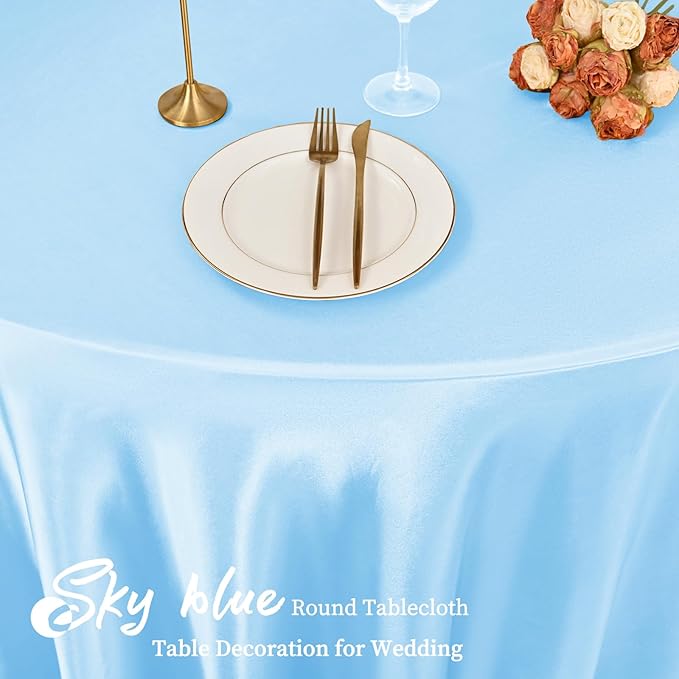 fani 12 Pack 120 Inch Light Blue Satin Tablecloth - Silky Round Tablecloth Overlay Smooth Fabric Table Cover, Bright Table Decoration for Wedding Party Banquet Events Restaurant Kitchen Dining