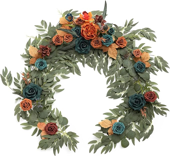 Ling's Moment Flower Garland - 6FT Eucalyptus & Rose - Sweetheart Table Decor for Wedding Reception, Artificial Floral Garland for Mantle, Christmas Decoration, Dark Teal & Burnt Orange
